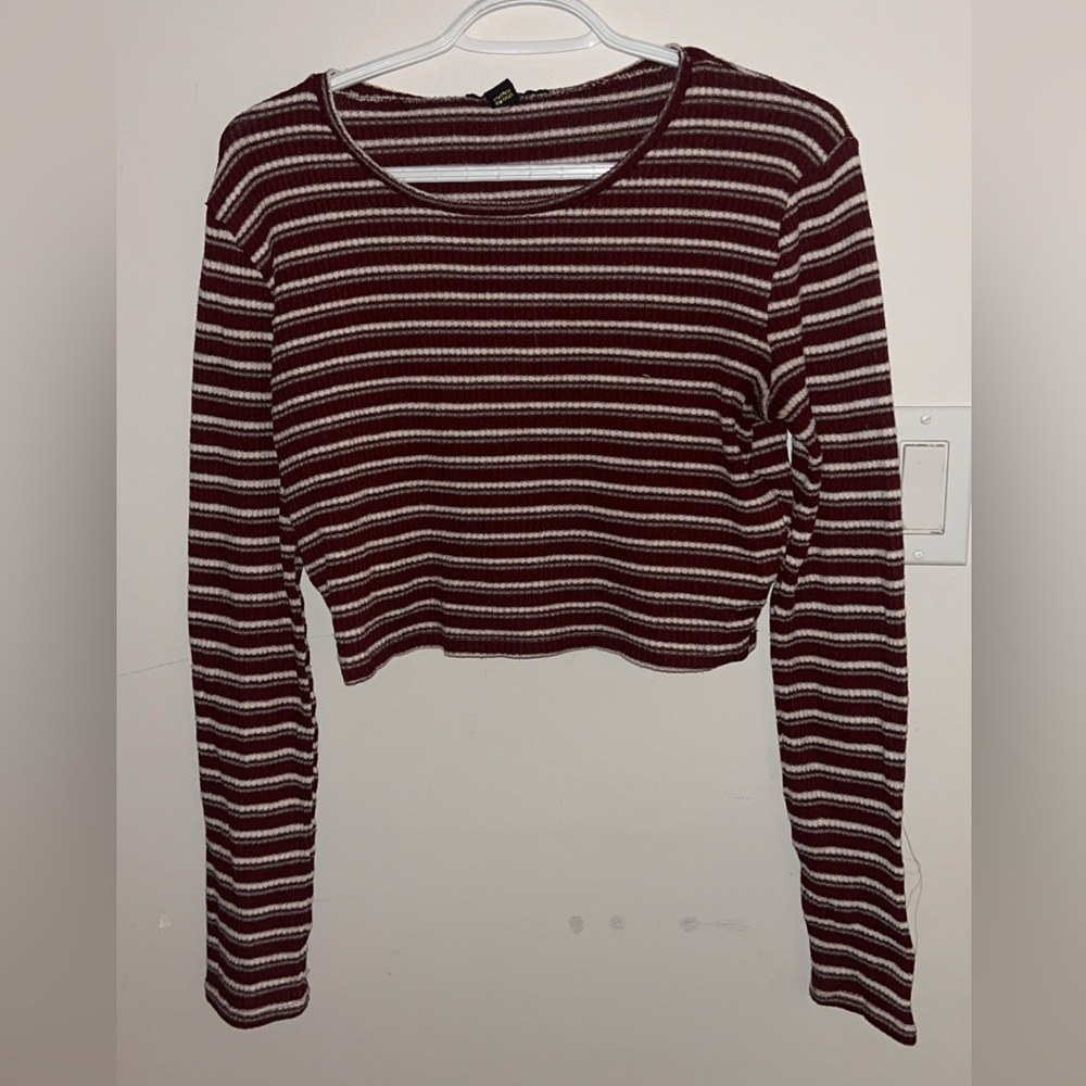 Revamped Striped Long-Sleeve Cropped Top in Burgundy and White